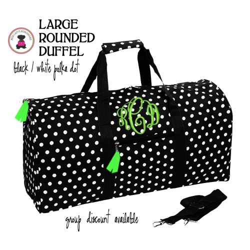  FOR HER Monogrammed Large Canvas Rounded Duffle  - Polka Dots - Black & White- FREE SHIP/Tween Gift/Grad Gift/ Travel Set/Gift for Her/Dance Bag/Cheer Gift/Bat Mitzvah Gift/Flower Girl Gift 