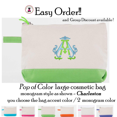 FOR HER Easy Order Pop of Color Canvas Cosmetic Bag- Charleston Monogram -FREE SHIP/Tween/Summer Camp/Grad Gift/Gift for Her/Team Gift/Flower Girl