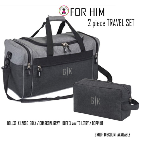 FOR HIM Monogrammed 2 PIECE Deluxe Travel Set-Gray/Charcoal Gray- Free Ship -Travel Set.Groomsmen Gift.Father's Day.Grad Gift.Bar Mitzvah Gift.Overnight Travel Set