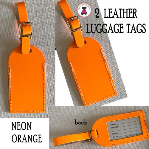 Two Leather Luggage Tags- NEON ORANGE -FREE SHIP.Bag Tag.Friend Gift.Bag Tag.Hostess Gift.Backpack Tag.Carry On Tag. Vacation Gift.