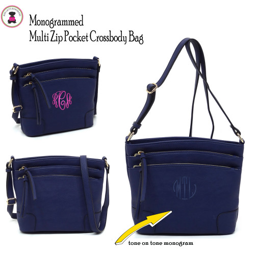 Multi Zip Compartment Crossbody w Monogram-Navy-Free Ship.Gift for Her.College Crossbody.Personalized Handbag.Teenage Crossbody.Vegan Bag. Ladies' Bag.Shoulder Handbag