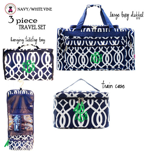 FOR HER Monogrammed 3 Piece Travel Set- Navy/White Vine-Free Ship.College Travel. Dancer Travel Set.Flower Girl Gift.Grad Gift.Cheer Travel Set.Bat Mitzvah Gift