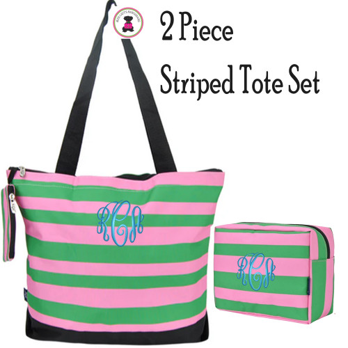 For Her-Striped Tote and Travel Case Set with Monogram-Free Ship.Bridesmaid Tote.College Gift.Mom Gift.Beach Tote.Weekender.Cruise Tote.