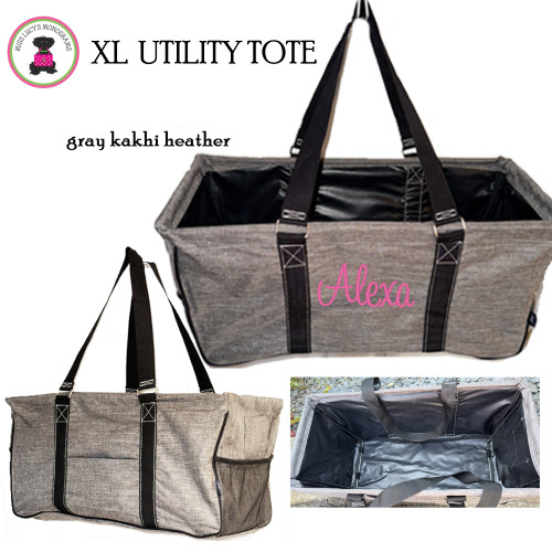 FOR HER Monogrammed XL Utility Tote-Trunk Organizer-Gray Kakhi Heather-Collapsible-FREE SHIP-Bride Gift-Grocery Tote -Grad Gift-Picnic Tote-Beach Tote-Car organizer