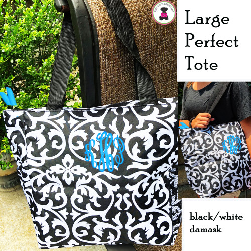 FOR HER Monogrammed -"The Perfect"-  Canvas Tote - Black and White Damask  - FREE SHIP//Gift for Her/Bridesmaid Gift/Grad Gift/Cheer Gift / Dancer Gift /Mom Tote 