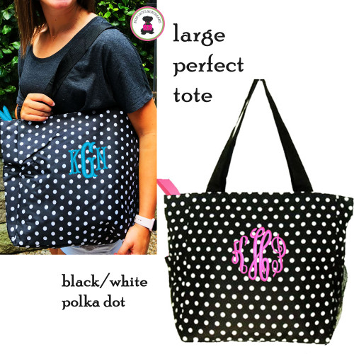 FOR HER Monogrammed "The Perfect"  Canvas Tote - Black and White Polka Dot - FREE SHIP/Travel Gift/Grad Gift/Bat Mitzvah/Girl Travel Bag /Travel Tote /Bridesmaid Gift 