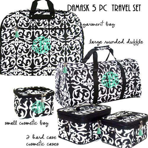 FOR HER Monogrammed  5 Piece Travel Set - Black and White Damask-FREE SHIP/Garment Bag and Duffel Travel Set/Gift for Her/Bridesmaid Gift/Grad Gift