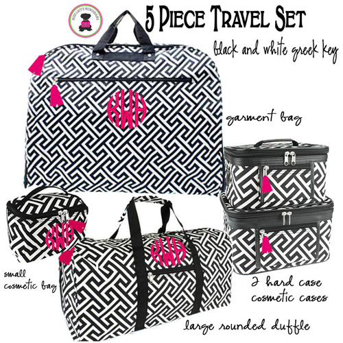 FOR HER Monogrammed 5 Piece Travel Set - Greek Key-Black / White- FREE SHIP /Garment Bag and Duffel Travel Set/Gift for Her/Bridesmaid Gift/Grad Gift
