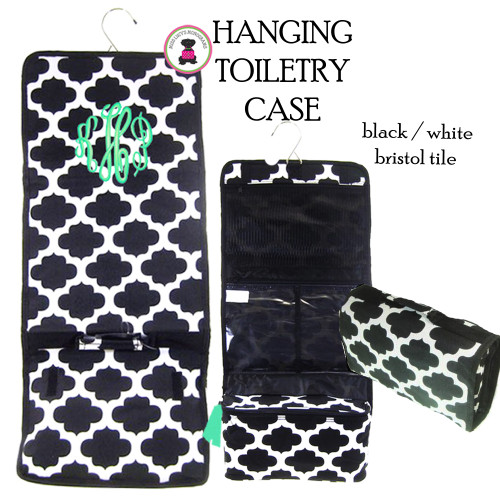 FOR HER Monogrammed Hanging Cosmetic / Toiletry  Bag - Black/White Bristol Tile-FREE SHIPPING/Travel Gift/Grad Gift/Bat Mitzvah/Girl Travel Bag /Hanging Toiletry for Travel 