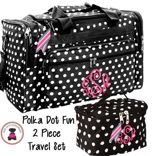 Monogrammed 2 Piece Travel Set - Large Boxy Duffle & Essentials Travel Bag - Polka Dot Fun - FREE SHIP / Tween Gift / Sleepover Set / Gift for Her / Travel Set