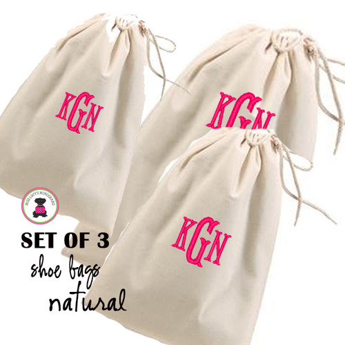 FOR HER Monogrammed Set of 3 Shoe Bags for Travel  - Natural - FREE SHIP /Bridesmaid Gift /Bride Gift /Grad Gift/Gift for Her/Bridesmaid Proposal Gift 