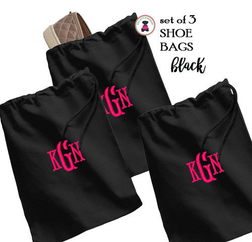 FOR HER Monogrammed Set of 3 Shoe Bags for Travel  -  Black - FREE SHIP /Bridesmaid Gift /Bride Gift /Grad Gift/Gift for Her/Bridesmaid Proposal Gift 