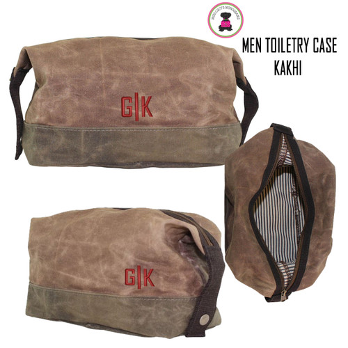 FOR HIM Monogrammed Large Waxed Canvas Toiletry Case -Kakhi - FREE SHIP-Groomsmen Gift/Father's Day Gift/Grad Gift/Gift for Him 