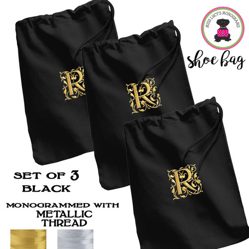 FOR HER METALLIC THREAD Monogrammed Set of 3 Shoe Bags for Travel  - Black - FREE SHIP  /Bridesmaid Gift/Travel Gift/Grad Gift/Gift for Her/Bridesmaid Proposal Gift/Bride Gift
