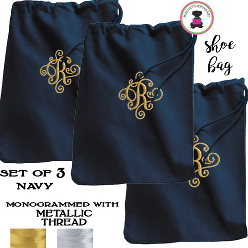 FOR HER METALLIC THREAD Monogrammed Set of 3 Shoe Bags for Travel  - Navy - FREE SHIP  /Bridesmaid Gift/Travel Gift/Grad Gift/Gift for Her/Bridesmaid Proposal Gift/Bride Gift 