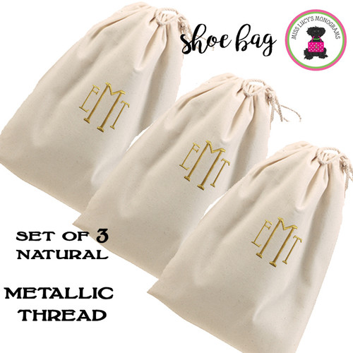 FOR HER METALLIC THREAD Monogrammed Set of 3 Shoe Bags for Travel  - Natural - FREE SHIP /Bridesmaid Gift/Travel Gift/Grad Gift/Gift for Her/Bridesmaid Proposal Gift/Bride Gift