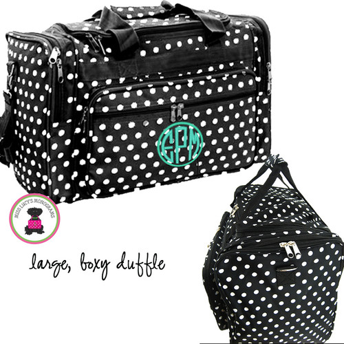 FOR HER Large Monogrammed Boxy Duffel - Black / White Polka Dot  - FREE SHIP/Gift for Her/Bridesmaid Gift/Flower Girl Gift/Dancer Gift/Grad Gift/Cheer Duffel