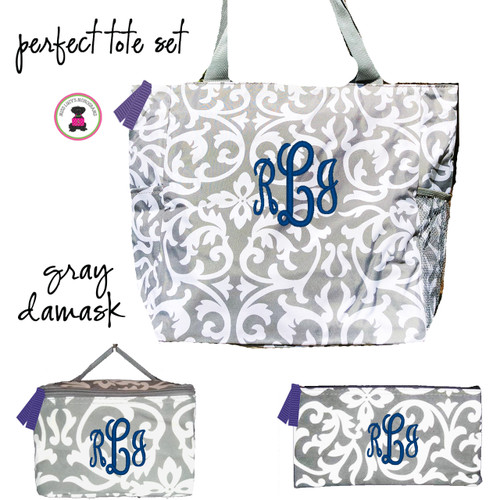 FOR HER Monogrammed Perfect Tote Travel Set - 3 Piece - Gray / White Damask-FREE SHIP/ladies' Travel Set/Gift for Her/Bridesmaid Gift/Flower Girl Gift/Dancer Gift/Grad Gift