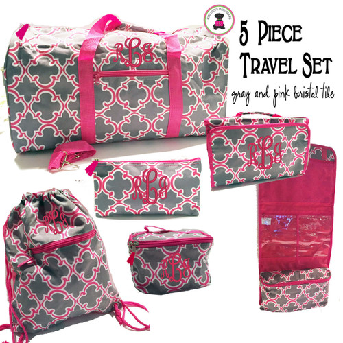 FOR HER Monogrammed 5 Piece Travel Set - Gray & Pink Bristol Tile - FREE SHIP/ Duffel Travel Set/Gift for Her/Flower Girl  Gift/Grad Gift/Tween Gift / Bar Mitzvah Gift