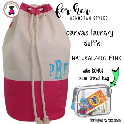 FOR HER Monogrammed Canvas Deluxe Laundry Drawstring Duffel-Natural/Hot Pink /Free Ship/Ladies' Travel /Grad Gift/Gift for Her/Laundry Bag