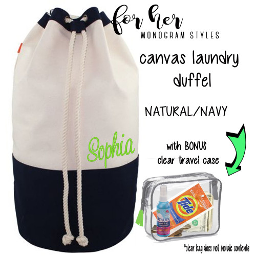 FOR HER Monogrammed Canvas Deluxe Laundry Drawstring Duffel-Natural/NAVY /Free Ship/Ladies' Travel /Grad Gift/Gift for Her/Laundry Bag