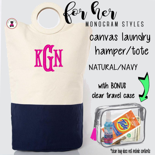 FOR HER Monogrammed Circle Handle Canvas Deluxe Laundry Bag -Natural/NAVY /Free Ship/Ladies' Travel /Grad Gift/Gift for Her/Laundry Bag