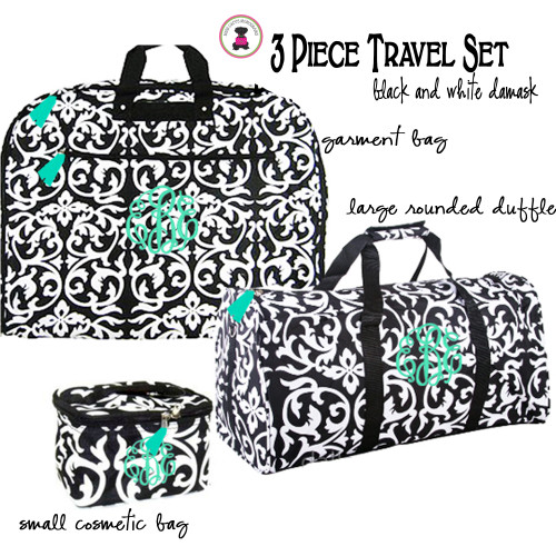 FOR HER Monogrammed 3 Piece Travel Set - Damask- Black / White- FREE SHIP/ladies' Travel Set/Gift for Her/Bridesmaid Gift/Flower Girl Gift/Dancer Gift/Grad Gift