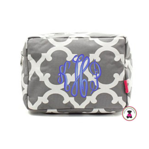 FOR HER Monogrammed Large Cosmetic Case - Bristol Tile - Gray / White - FREE SHIP//Grad Gift/Holiday Gift/Bridesmaid Gift/Cosmetic Bag/Travel Bag/Gift for Her