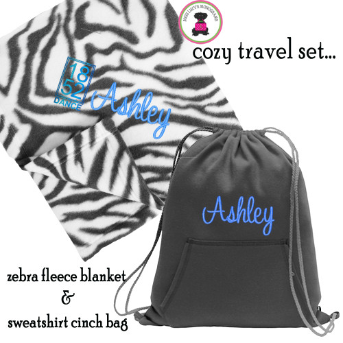 1852 DANCE - Monogrammed Cozy Travel Set-Zebra Fleece Blanket & Black Sweatshirt Cinch Bag-FREE SHIP