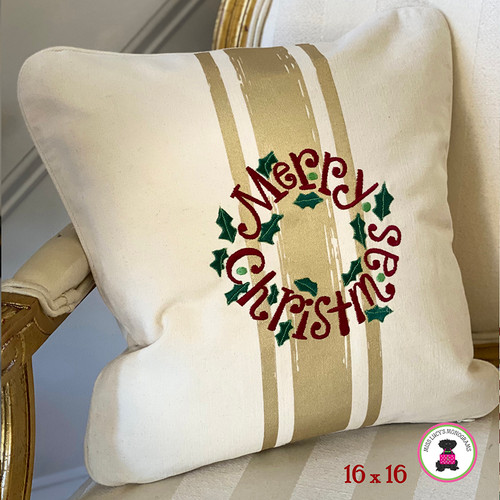 Merry Christmas 16" x 16" Embroidered Decorative Pillow-Natural/Gold Metallic Brushstripe-FREE SHIP/Family/Christmas Gift/Chirstmas DecorDiscount/Cheerleader Squad/Grad Gift/Corporate Gift/Team Gift