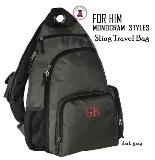 FOR HIM Monogrammed Sling Travel Bag - Dark Gray - Free Ship/Travel Bag/Backpack/Sling Backpack/Overnight Bag