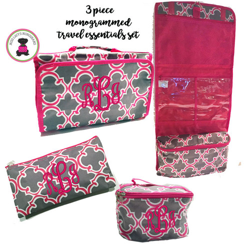 FOR HER Monogrammed Travel Essentials 3 Piece Set-Pink/Gray Bristol Tile-FREE SHIP/ladies' Travel Set/Gift for Her/Bridesmaid Gift/Flower Girl Gift/Dancer Gift/Grad Gift