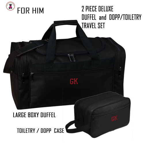 FOR HIM Monogrammed 2 Piece Deluxe Travel XL Boxy Duffle & Dopp Kit Set-Black-Free Ship-Men's Travel Gift/Groomsmen Gift /Father's Day/Grad Gift/Team gift/Athlete Gift