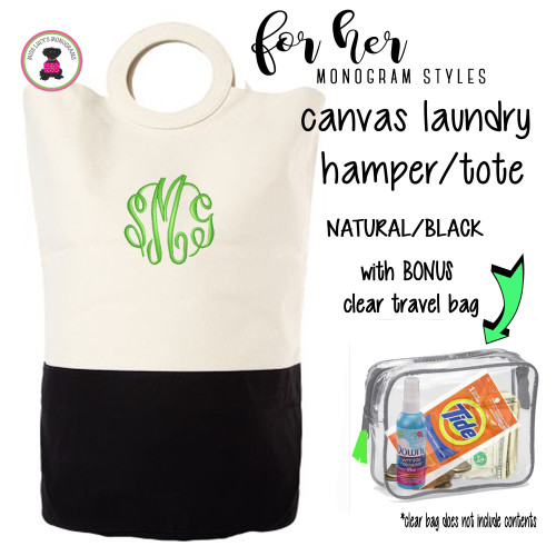 FOR HER Monogrammed Circle Handle Canvas Deluxe Laundry Bag -Natural/BLACK /Free Ship/Ladies' Travel /Grad Gift/Gift for Her/Laundry Bag