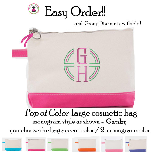FOR HER Easy Order Pop of Color Canvas Cosmetic Bag-Gatsby-FREE SHIP/Tween/Summer Camp/Grad Gift/Gift for Her/Team Gift/Flower Girl