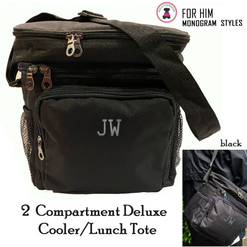 FOR HIM Monogrammed 2 Compartment Cooler Tote/Lunch Bag-Black-Free Ship/Group Gift/Teacher Gift/Back to School/Insulated Tote/Groomsmen Gift