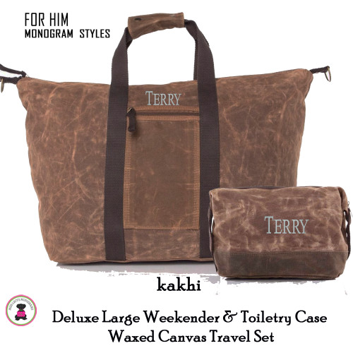 FOR HIM Monogrammed Deluxe Waxed Canvas Weekender Tote and Dopp Kit Travel Set-Kakhi-Free Ship/Men's Travel/Groomsmen/Father's Day/Grad Gift