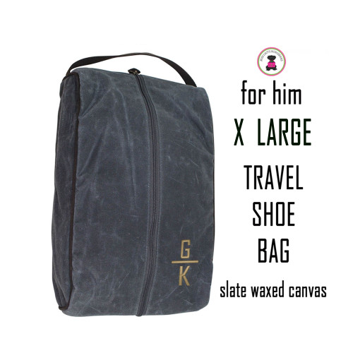 Group Discount-FOR HIM Monogrammed Waxed Canvas Deluxe X Large Shoe Bag-SLATE /Free Ship/Men's Travel/Groomsmen Gift /Father's Day/Grad Gift