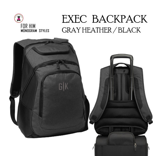 FOR HIM Monogrammed Exec Laptop Backpack-Gray Heather/Black-FREE Ship-Groomsmen Gift /Father's Day Gift/Grad Gift/Backpack Travel/School Bag
