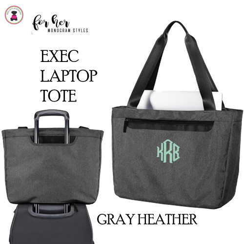 FOR HER Monogrammed Exec Laptop Travel Tote- GRAY HEATHER -FREE Ship-Business Travel/School Gift/Grad Gift/Teacher Tote/Laptop Tote/Laptop Tote