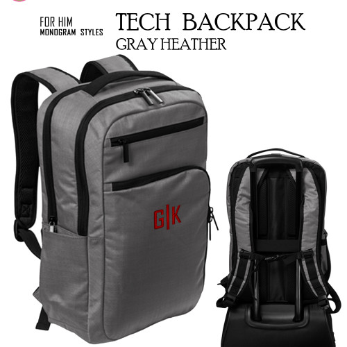 FOR HIM Monogrammed TECH Laptop Backpack-Gray Heather-Free Ship-Men's Travel /Groomsmen Gift /Father's Day Gift/Grad Gift/Laptop Bag/School