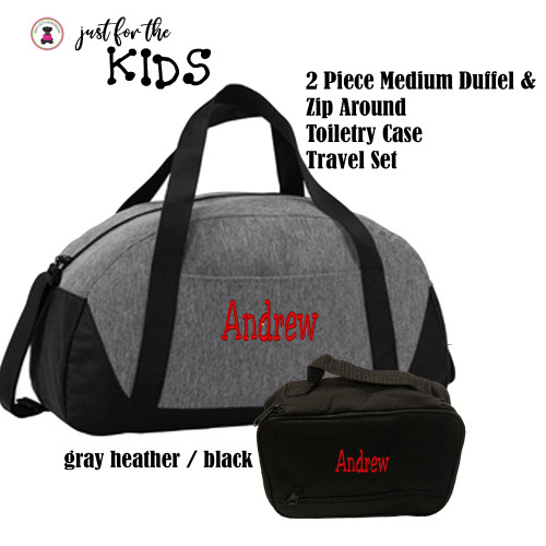 Kids' Monogrammed  2 Piece Weekender Travel Set-Gray/Black-Free Ship/Kids Travel/Overnight Travel/Grandchild Travel Set/Ring Bearer Gift
