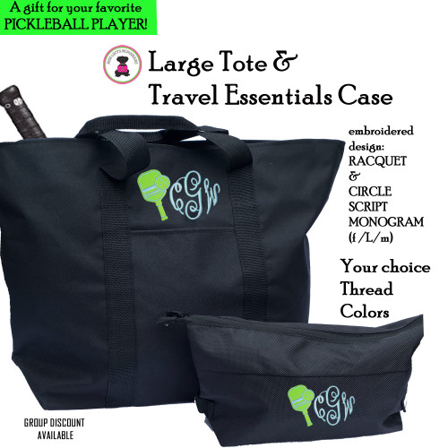Pickleball Custom Design FOR HER 2 Piece Travel Tote Set- Circle Script Monogram -Free Ship-Pickleball Team Gift/Pickleball Player Gift/Tote Set/Team Gift
