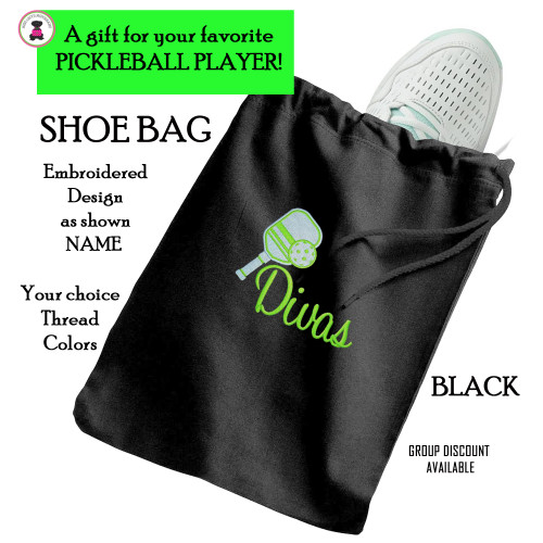 Pickleball Custom Design-FOR HER Travel Shoe Bag with Name /Team Name-BLACK-Free Ship-Pickleball Team Gift/Pickleball Player Gift/Pickleball