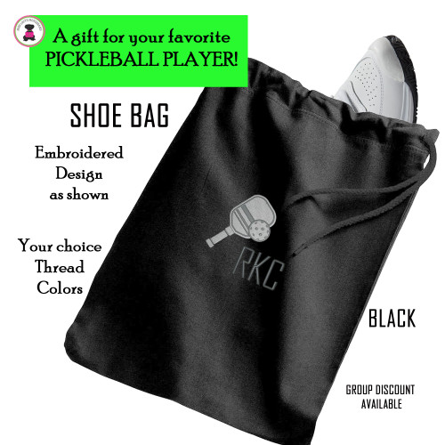 Pickleball Custom Design-FOR HIM Travel Shoe Bag with 3 INITIAL Monogram-BLACK-Free Ship-Pickleball Team Gift/Pickleball Player Gift/Pickleball