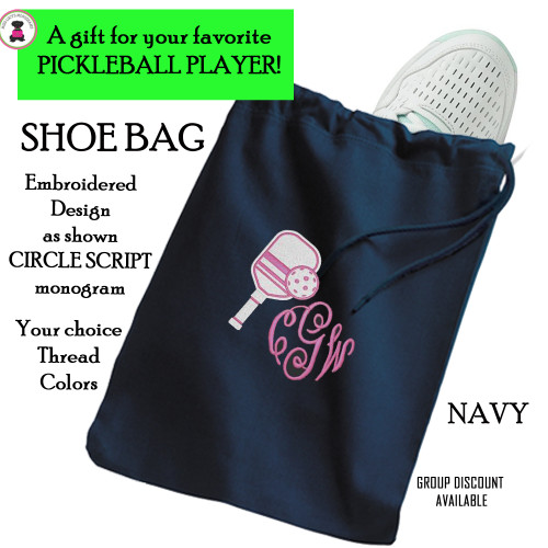 Pickleball Custom Design-FOR HER Travel Shoe Bag with CIRCLE SCRIPT Monogram-NAVY-Free Ship-Pickleball Team Gift/Pickleball Player Gift/Pickleball