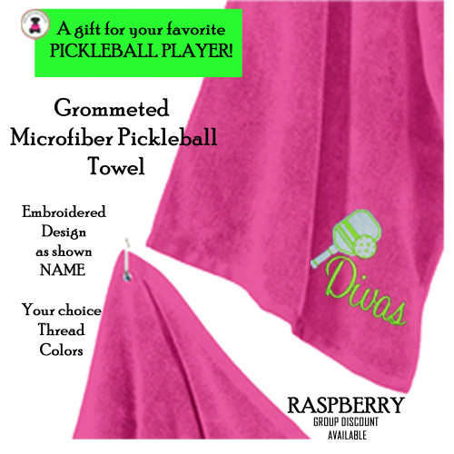 Pickleball Custom Design-FOR HER Microfiber Grommeted Sport Towel with Name /Team Name-Raspberry-Free Ship-Pickleball Team Gift/Player Gift