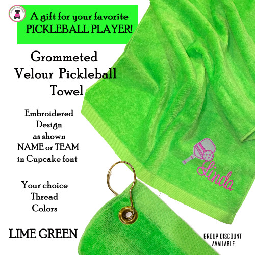 Pickleball Custom Design-FOR HER Cotton Velour Grommeted Sport Towel with Name/Team Name-Lime-Free Ship-Pickleball Team Gift/Player Gift