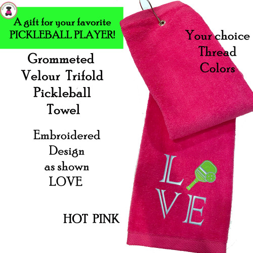  Pickleball Custom Design-FOR HER Cotton Velour Grommeted Trifold Towel w LOVE Design-Raspberry-Free Ship-Pickleball Team Gift/Player Gift/Sport