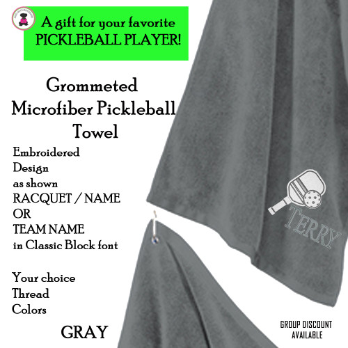 Pickleball Custom Design-FOR HIM Microfiber Grommeted Sport Towel with Name /Team Name-Gray-Free Ship-Pickleball Team Gift/Player Gift